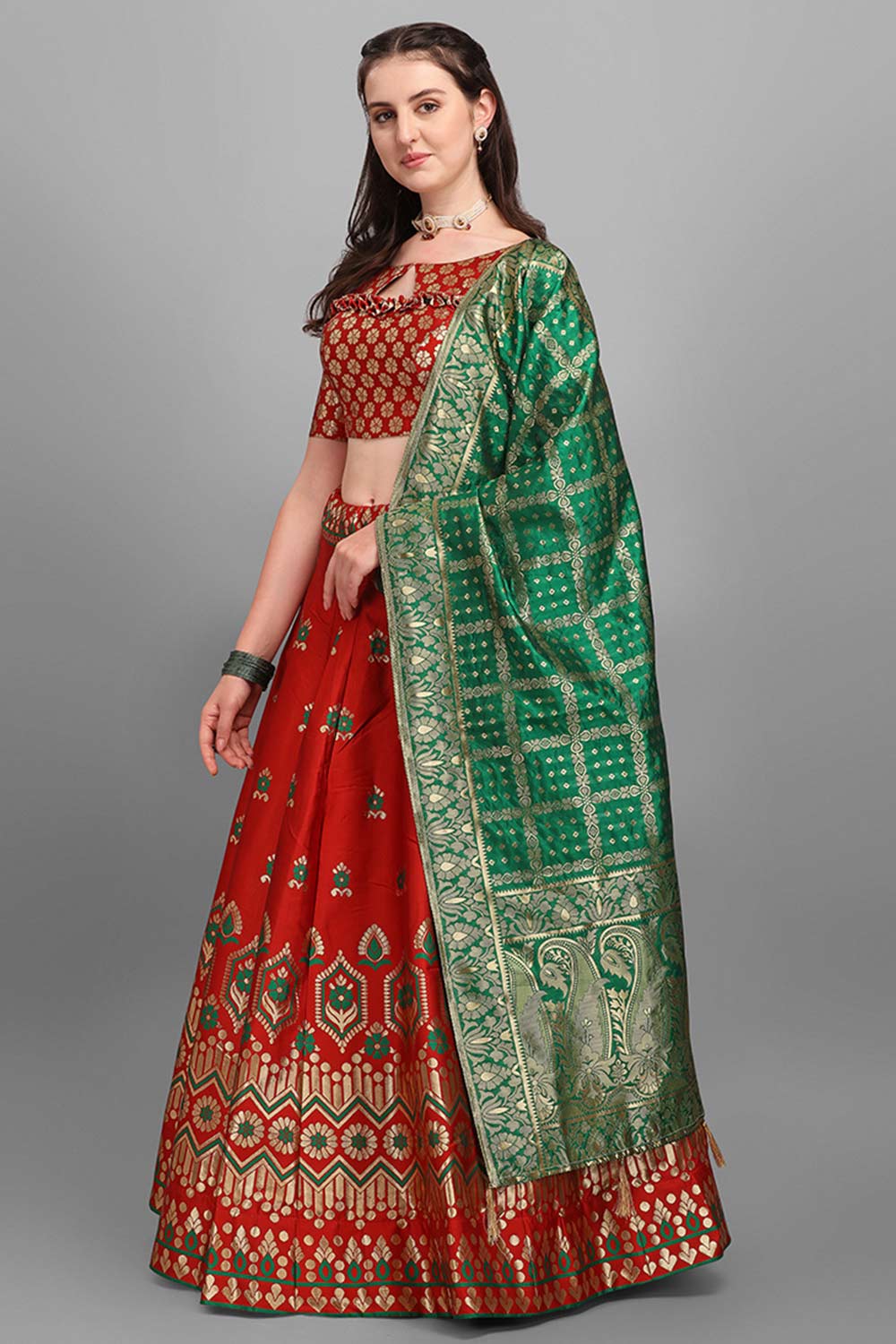 Red Jacquard Woven Lehenga Choli