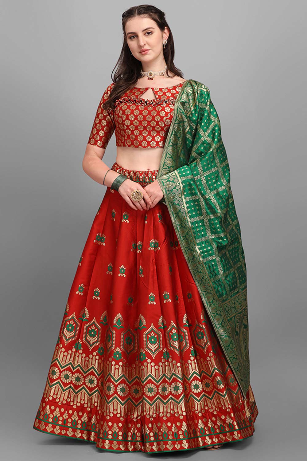 Red Jacquard Woven Lehenga Choli