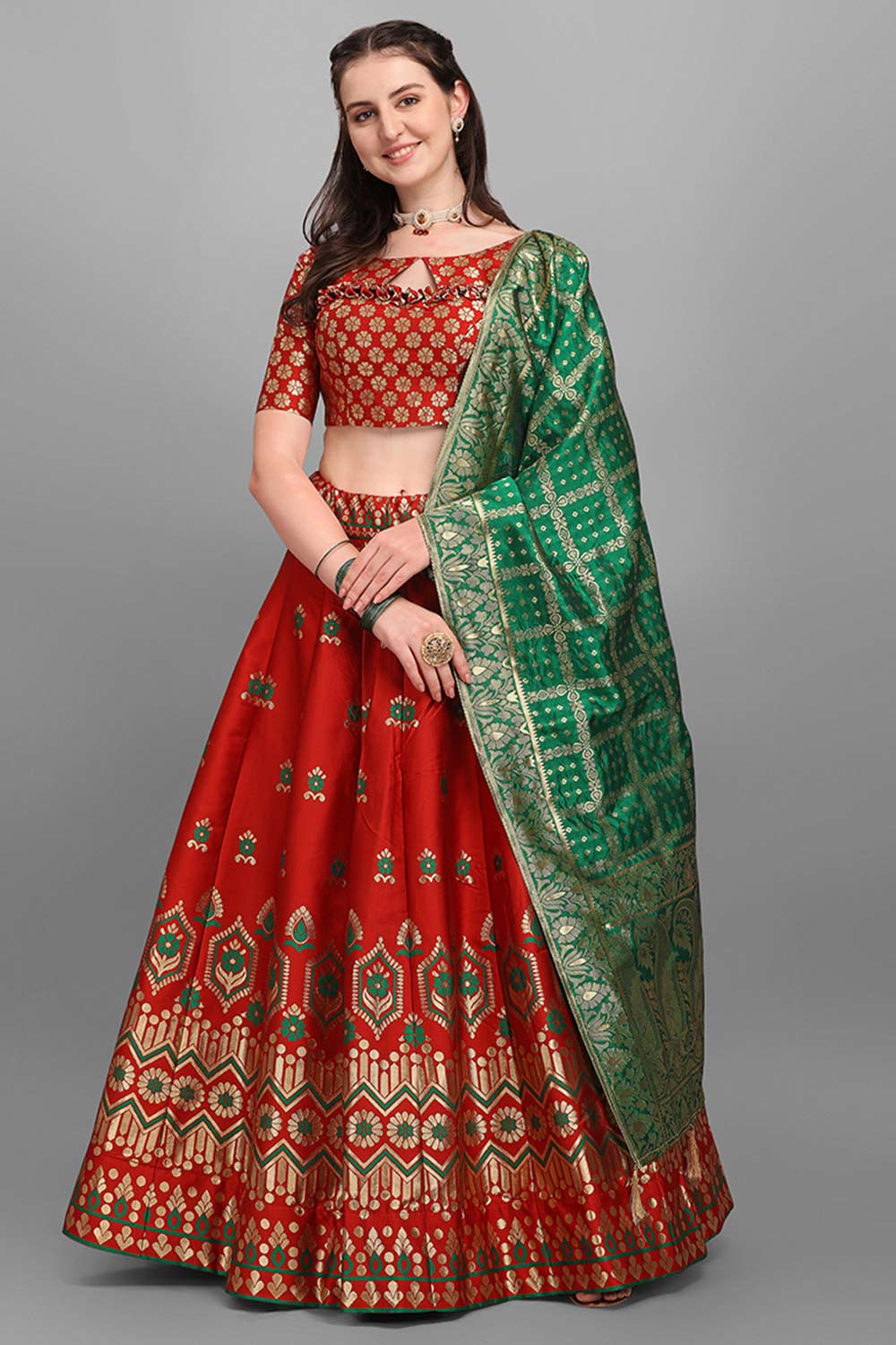 Red Jacquard Woven Lehenga Choli