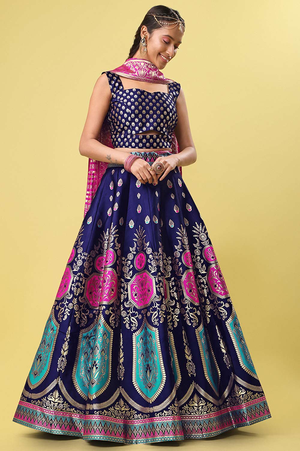 Navy Blue Jacquard Woven Lehenga Choli