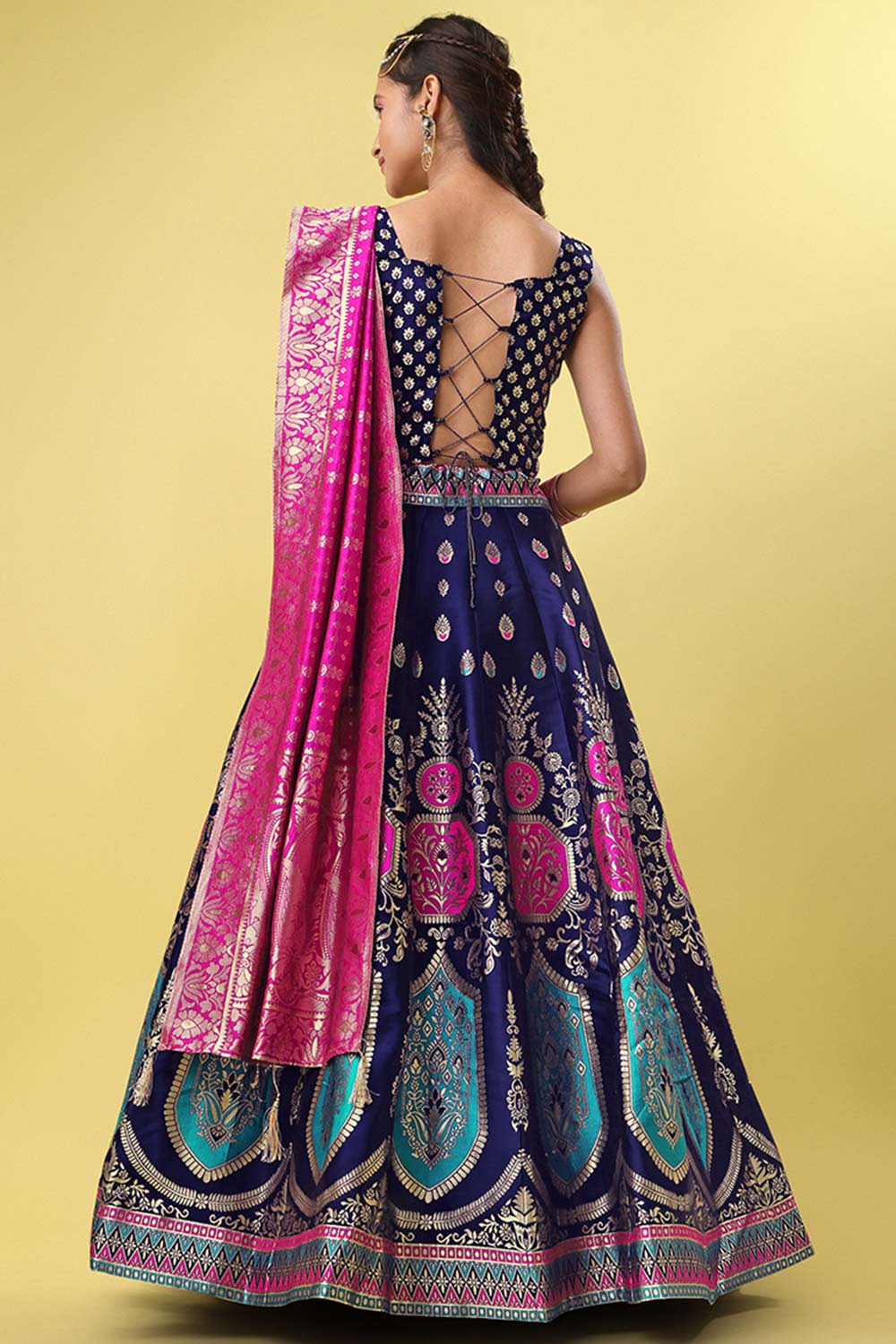 Navy Blue Jacquard Woven Lehenga Choli