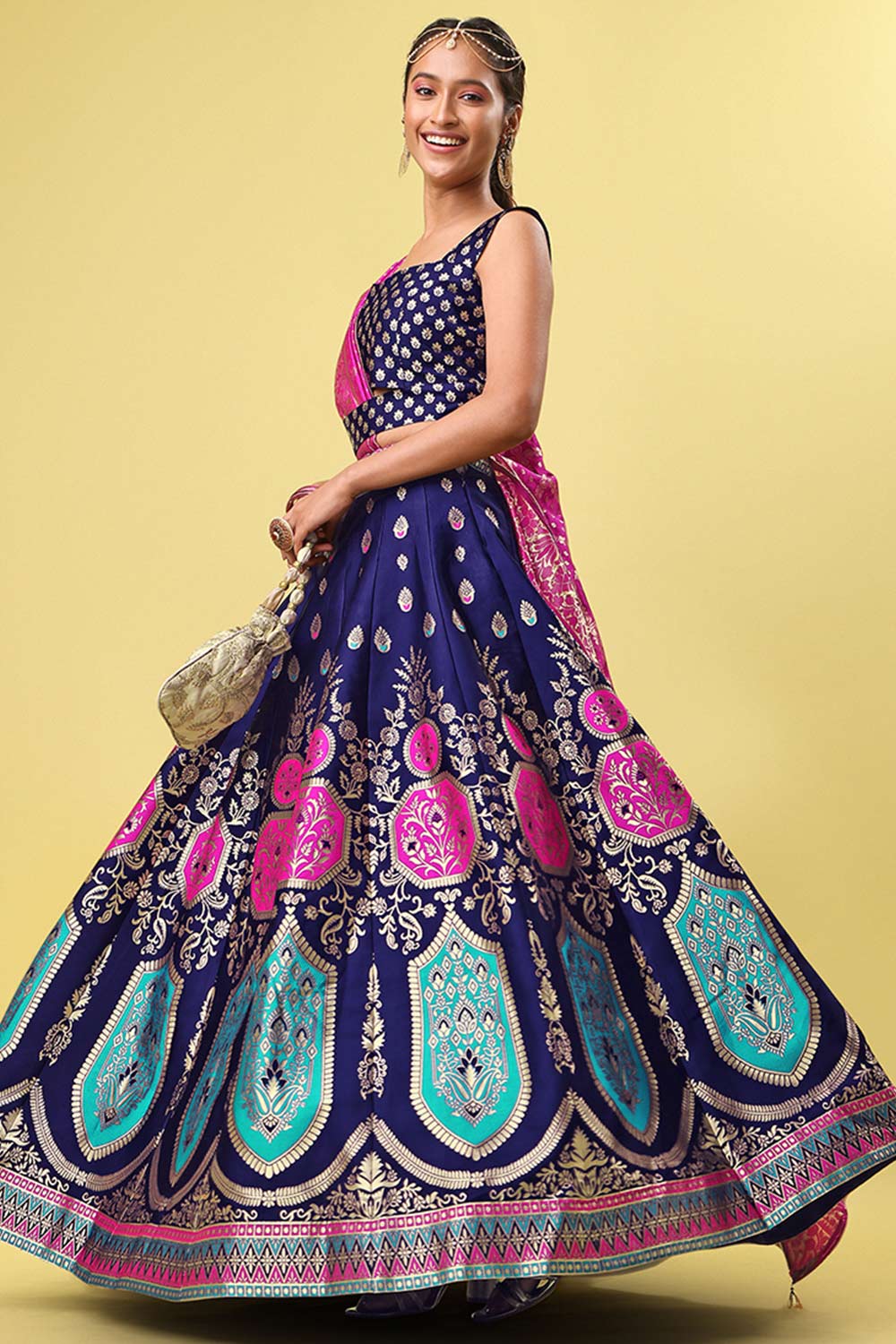 Navy Blue Jacquard Woven Lehenga Choli