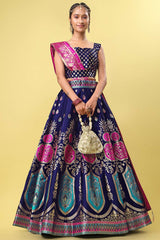 Navy Blue Jacquard Woven Lehenga Choli