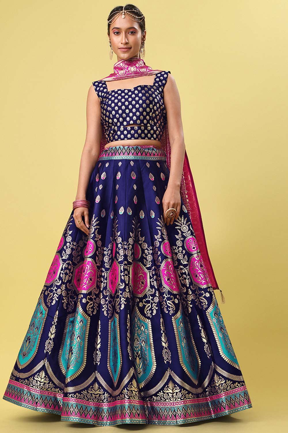 Navy Blue Jacquard Woven Lehenga Choli