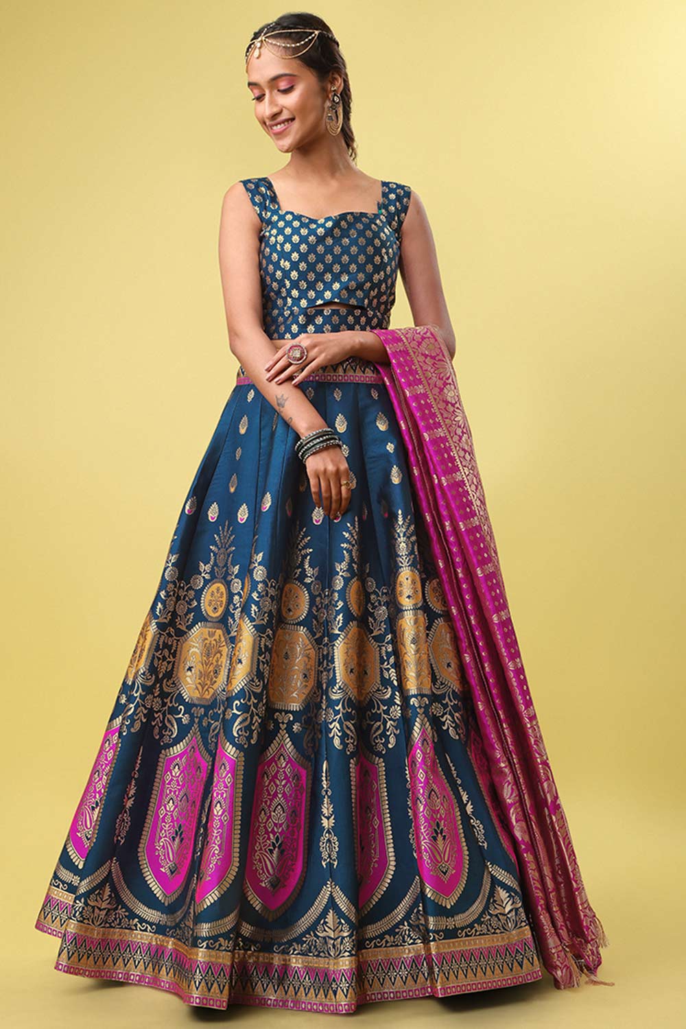 Teal Jacquard Woven Lehenga Choli