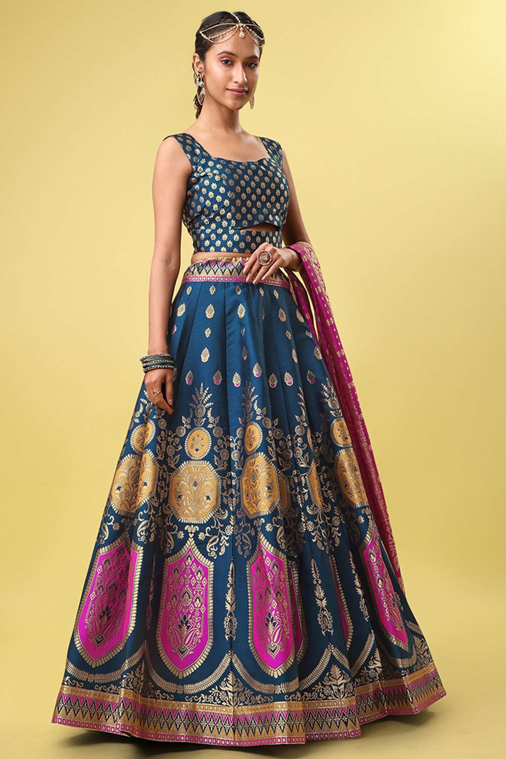 Teal Jacquard Woven Lehenga Choli