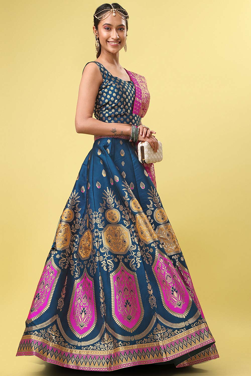 Teal Jacquard Woven Lehenga Choli