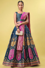 Teal Jacquard Woven Lehenga Choli