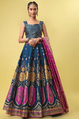 Teal Jacquard Woven Lehenga Choli