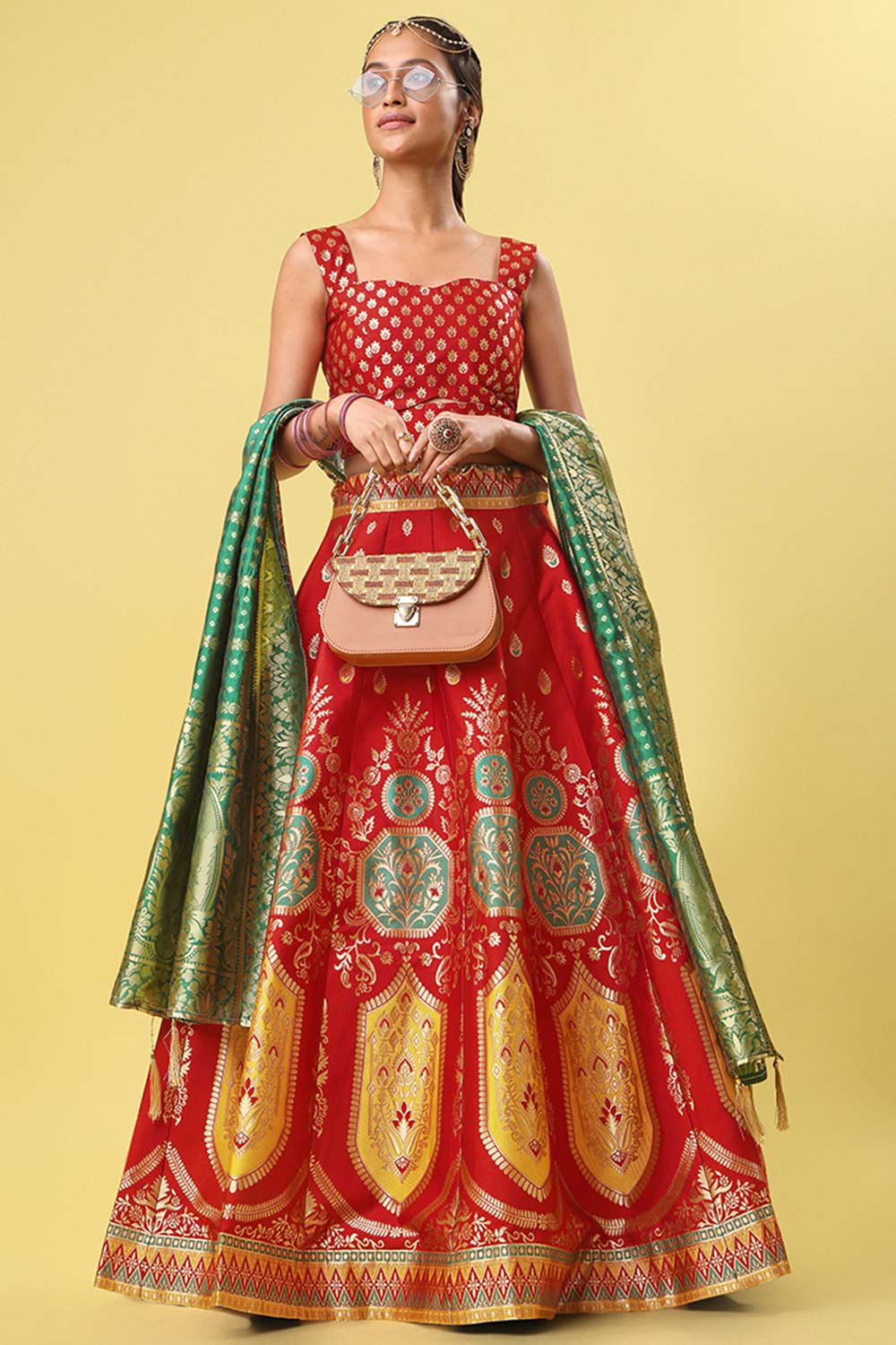 Red Jacquard Woven Lehenga Choli