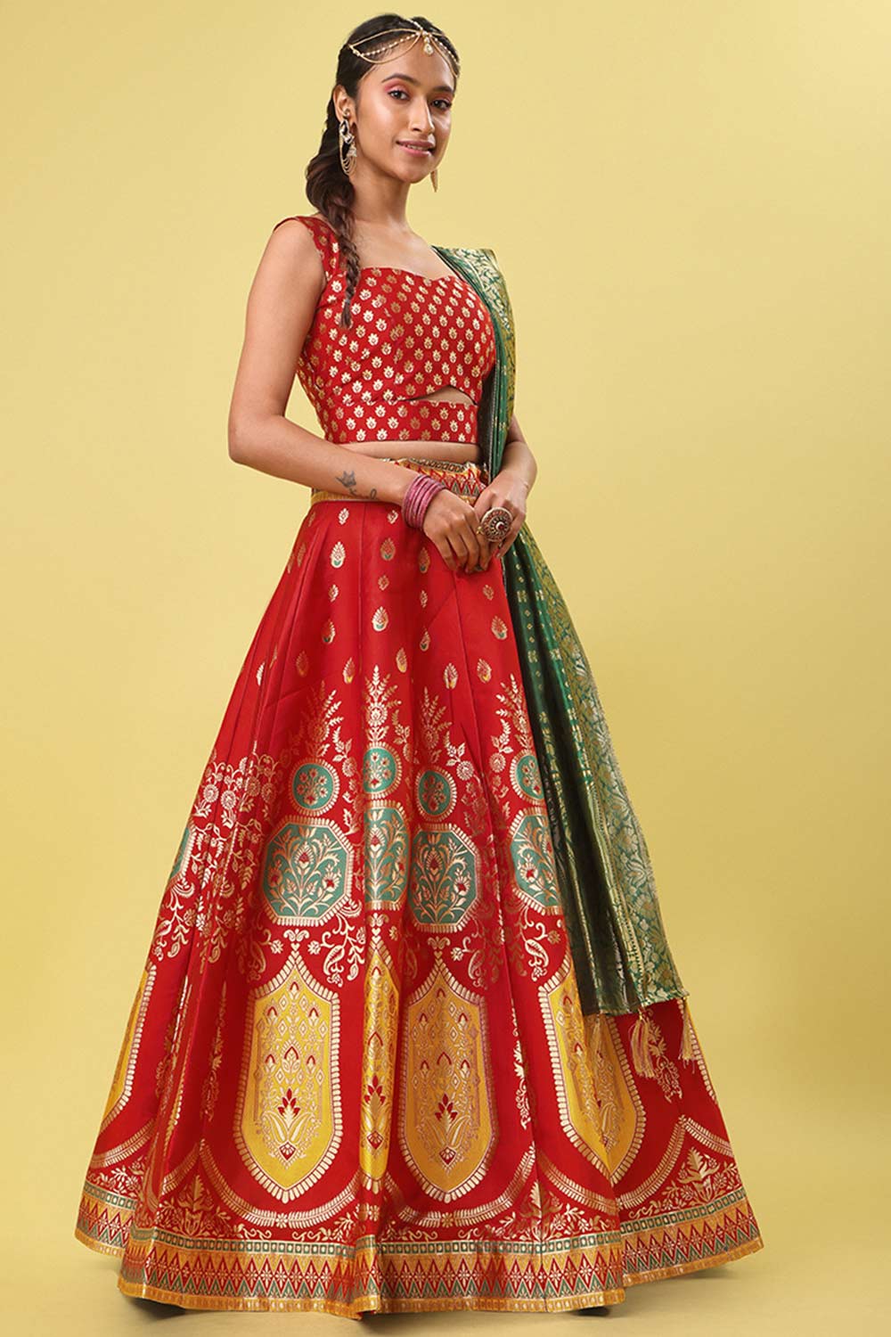 Red Jacquard Woven Lehenga Choli