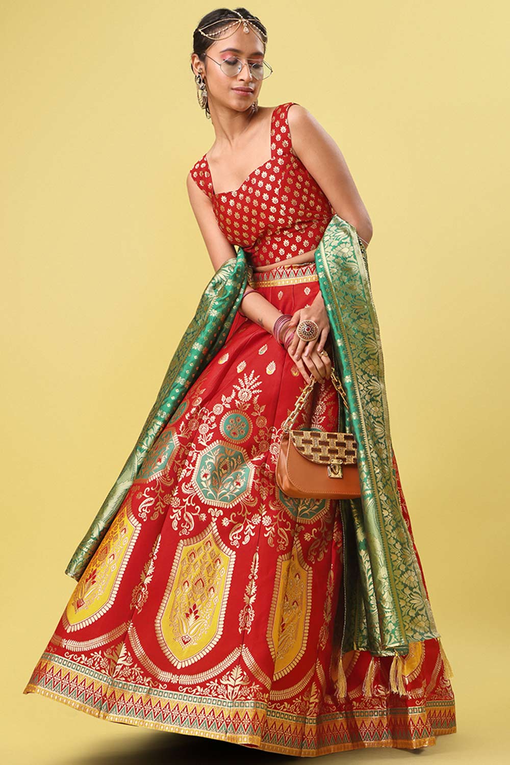 Red Jacquard Woven Lehenga Choli