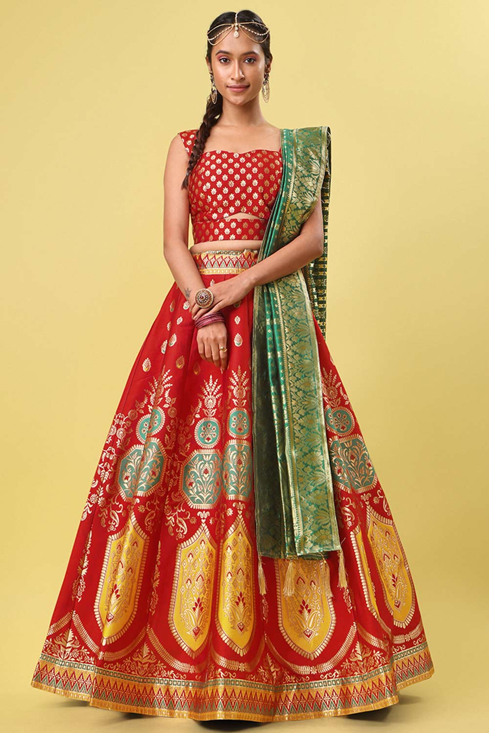 Red Jacquard Woven Lehenga Choli