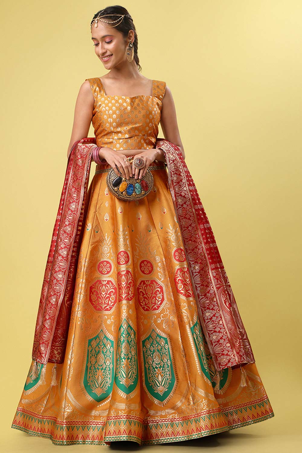 Orange Jacquard Woven Lehenga Choli