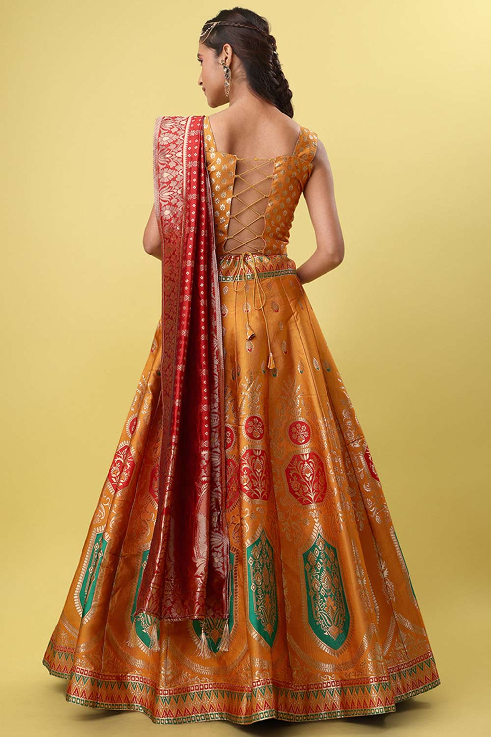 Orange Jacquard Woven Lehenga Choli