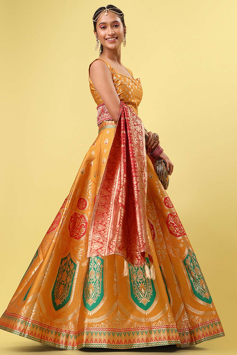 Orange Jacquard Woven Lehenga Choli