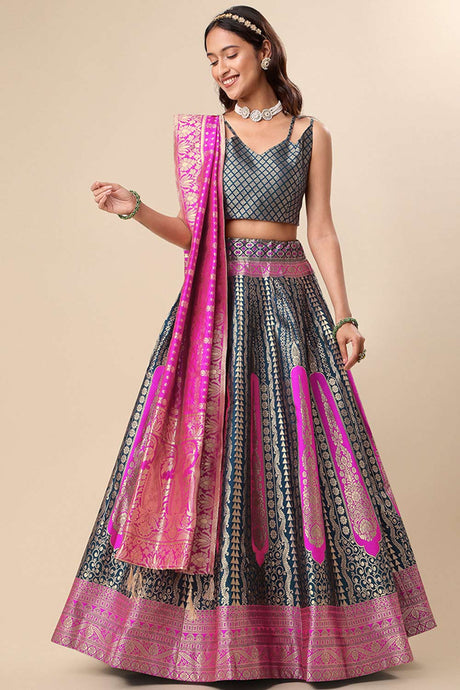 Teal Jacquard Woven Lehenga Choli