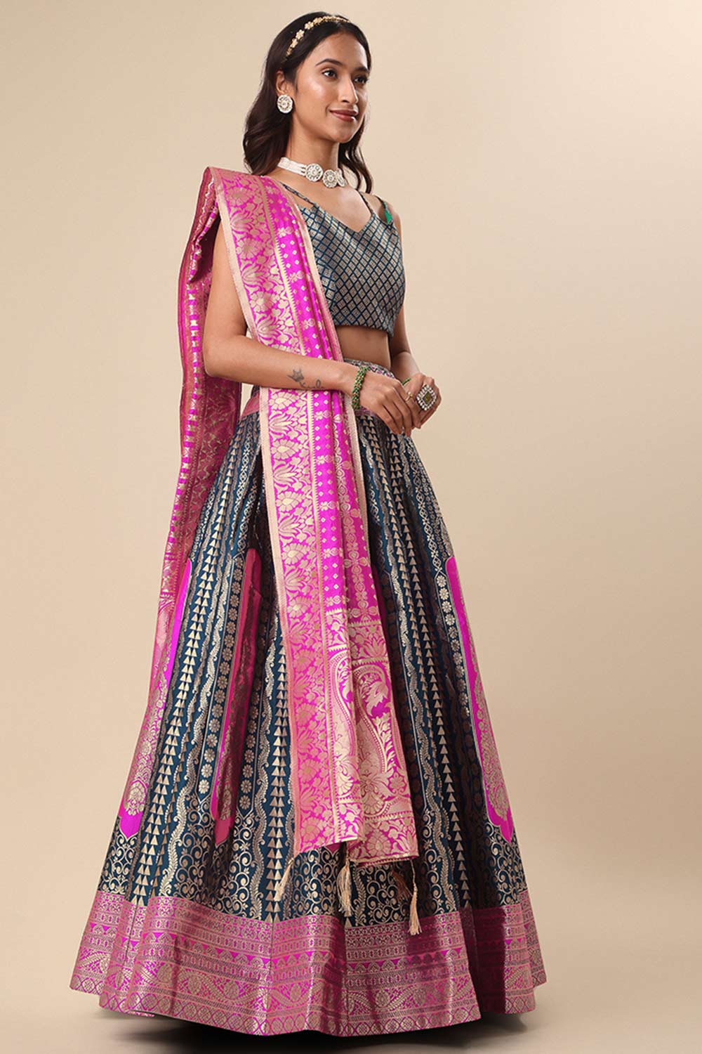 Teal Jacquard Woven Lehenga Choli