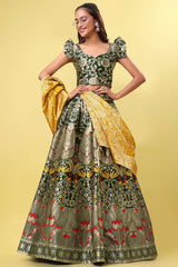 Dark Green Jacquard Woven Lehenga Choli