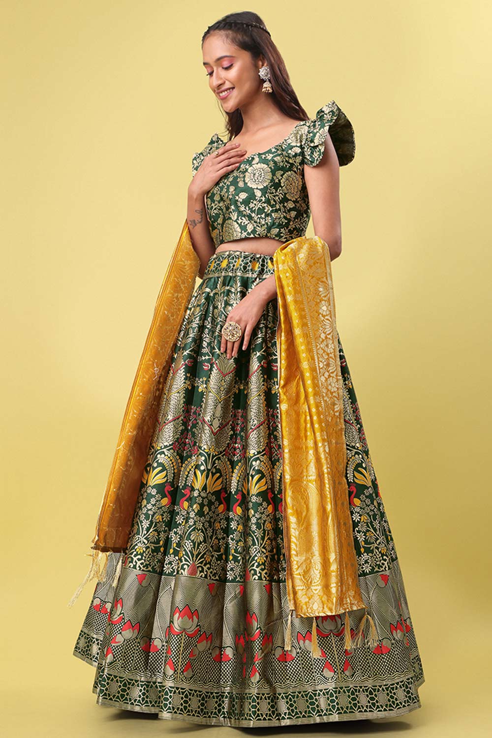 Dark Green Jacquard Woven Lehenga Choli