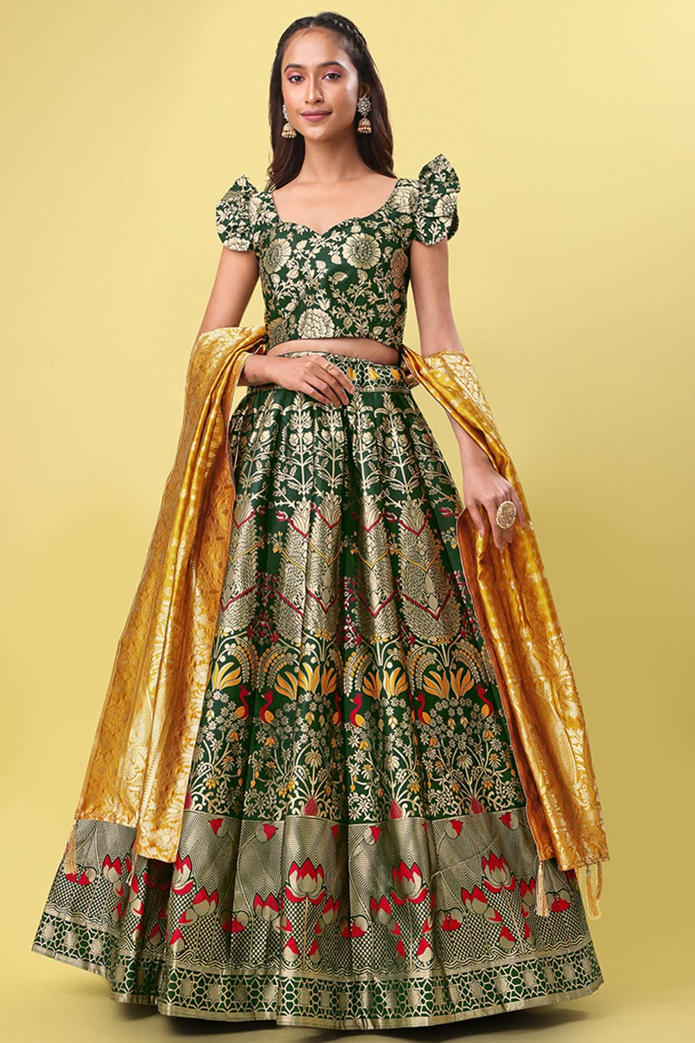 Dark Green Jacquard Woven Lehenga Choli