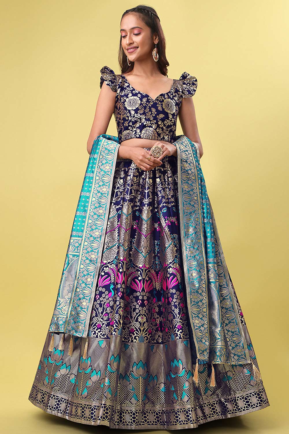 Navy Blue Jacquard Woven Lehenga Choli