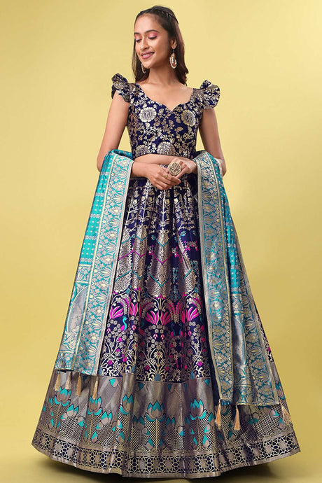 Navy Blue Jacquard Woven Lehenga Choli