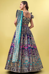 Navy Blue Jacquard Woven Lehenga Choli