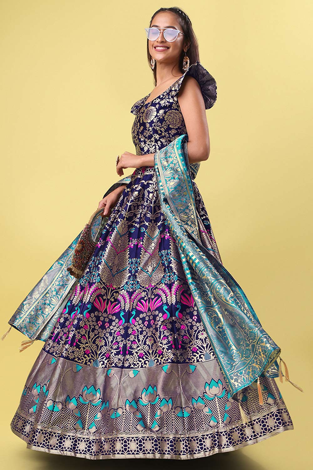 Navy Blue Jacquard Woven Lehenga Choli