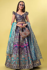 Navy Blue Jacquard Woven Lehenga Choli