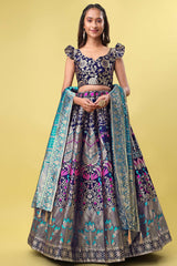 Navy Blue Jacquard Woven Lehenga Choli