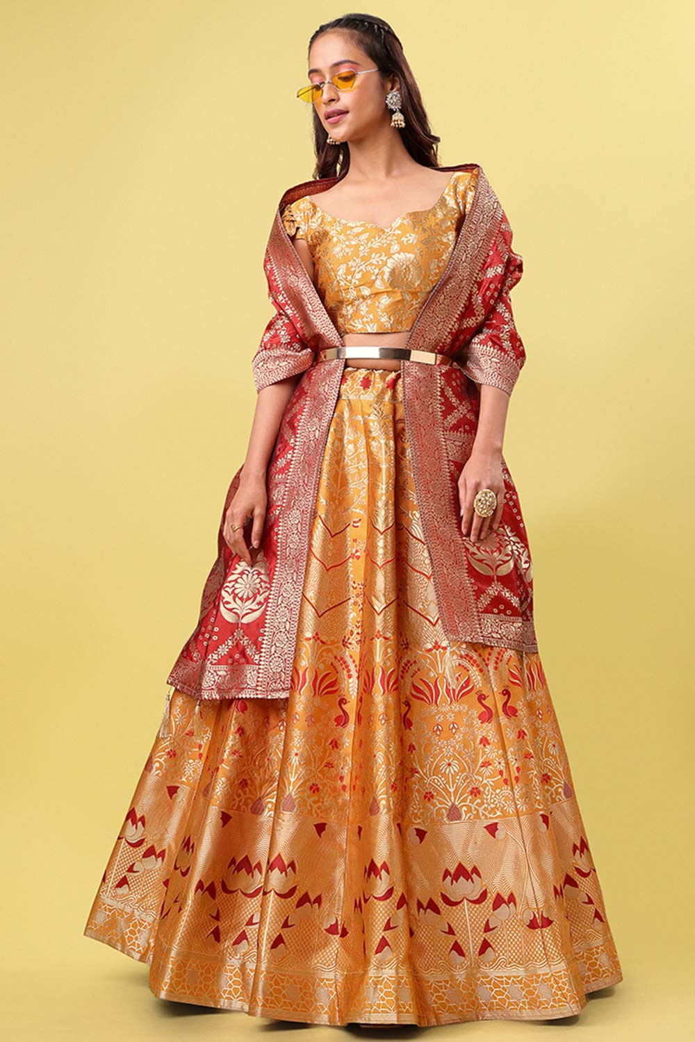 Orange Jacquard Woven Lehenga Choli