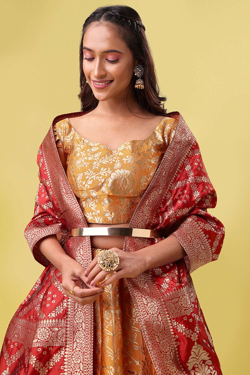 Orange Jacquard Woven Lehenga Choli