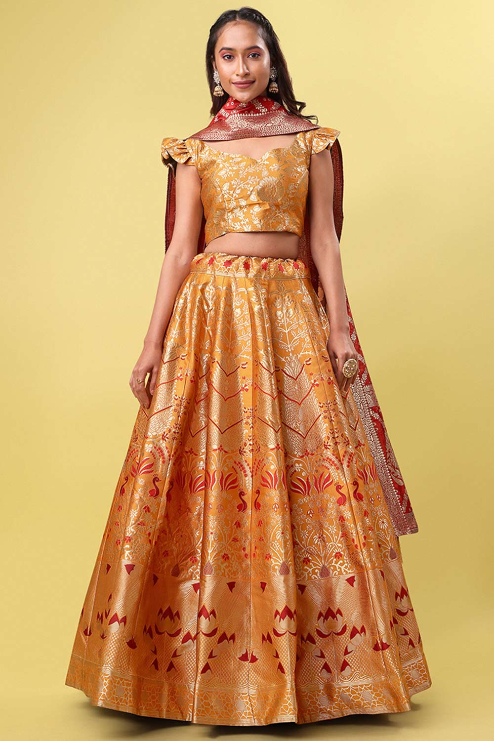 Orange Jacquard Woven Lehenga Choli