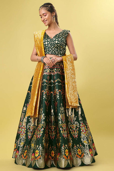 Dark Green Jacquard Woven Lehenga Choli