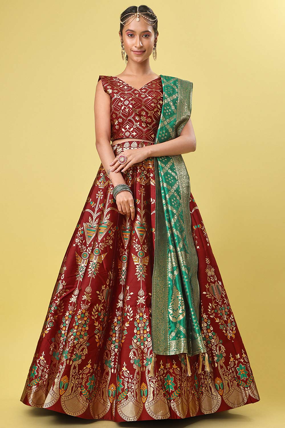 Maroon Jacquard Woven Lehenga Choli