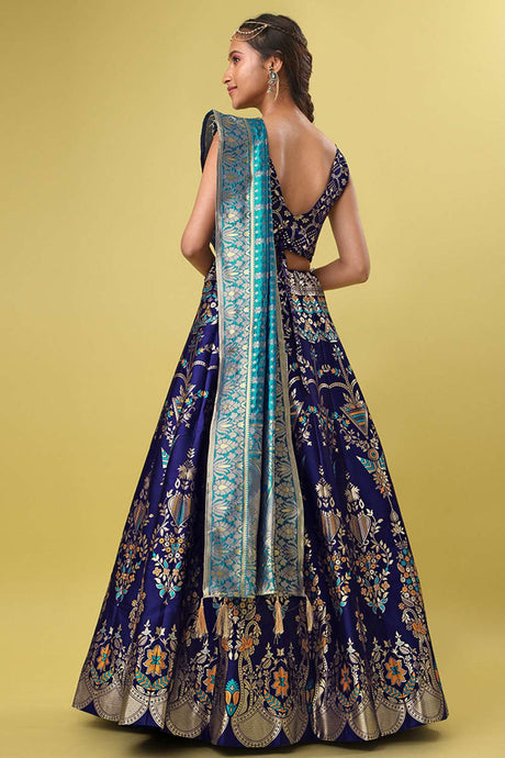 Navy Blue Jacquard Woven Lehenga Choli