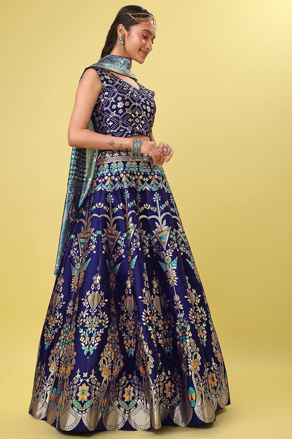 Navy Blue Jacquard Woven Lehenga Choli