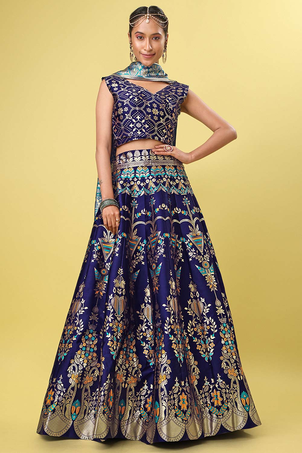 Navy Blue Jacquard Woven Lehenga Choli