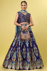 Navy Blue Jacquard Woven Lehenga Choli