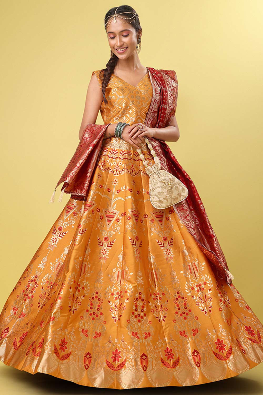 Orange Jacquard Woven Lehenga Choli