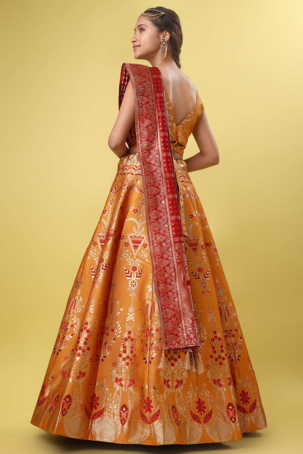 Orange Jacquard Woven Lehenga Choli