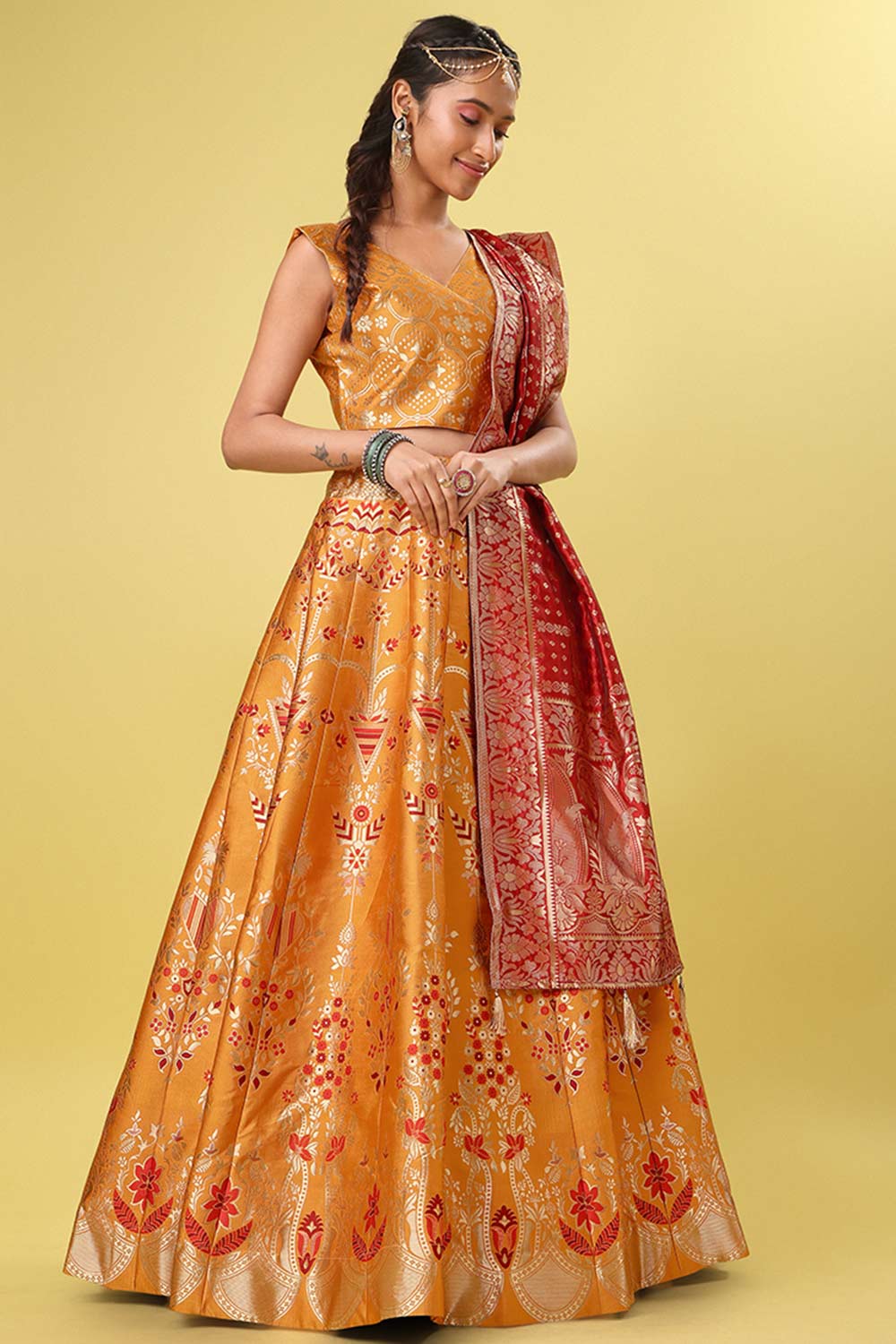 Orange Jacquard Woven Lehenga Choli