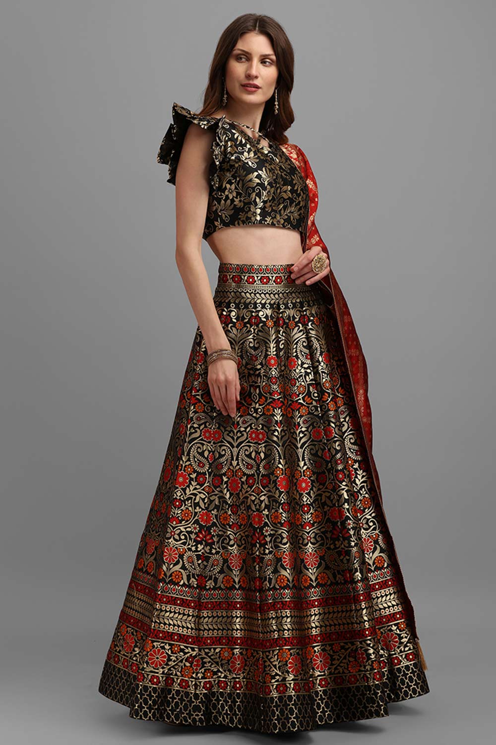 Black Jacquard Woven Lehenga Choli