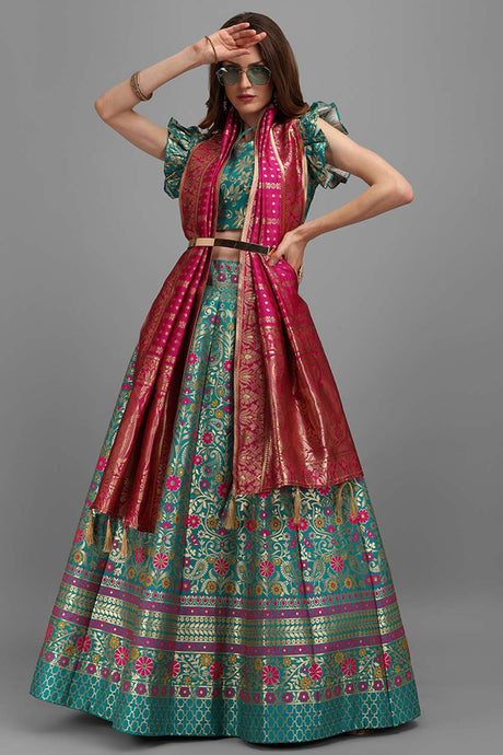 Sea Green Jacquard Woven Lehenga Choli