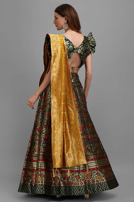 Dark Green Jacquard Woven Lehenga Choli