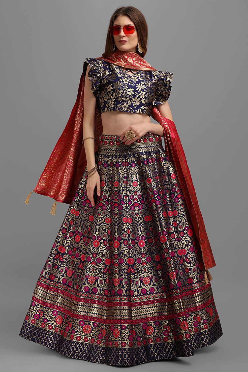 Navy Blue Jacquard Woven Lehenga Choli