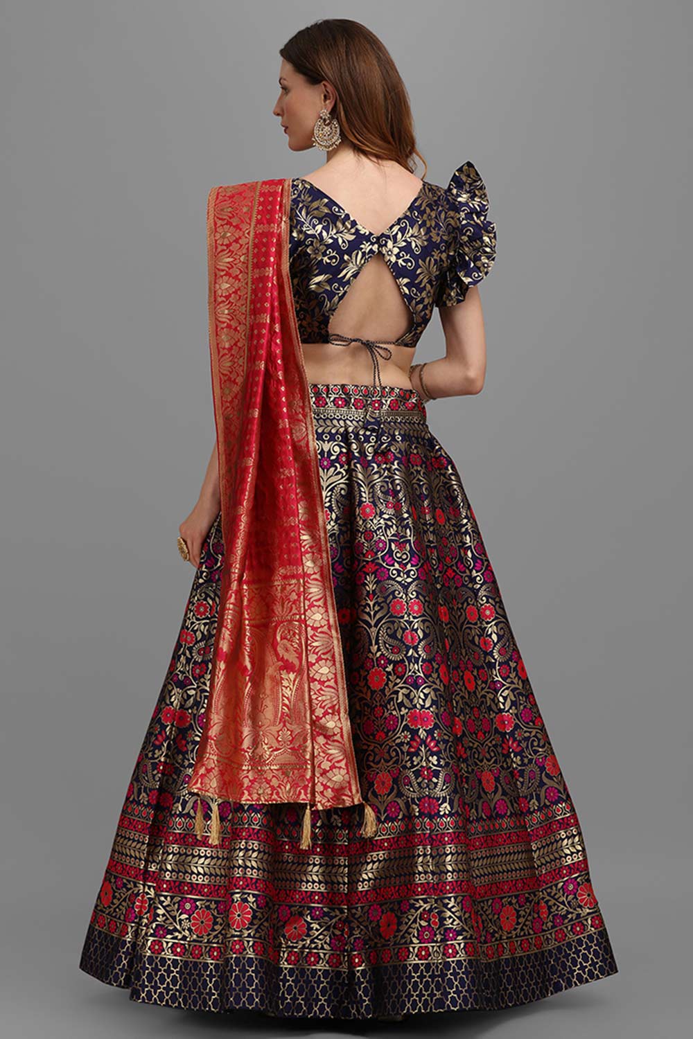 Navy Blue Jacquard Woven Lehenga Choli