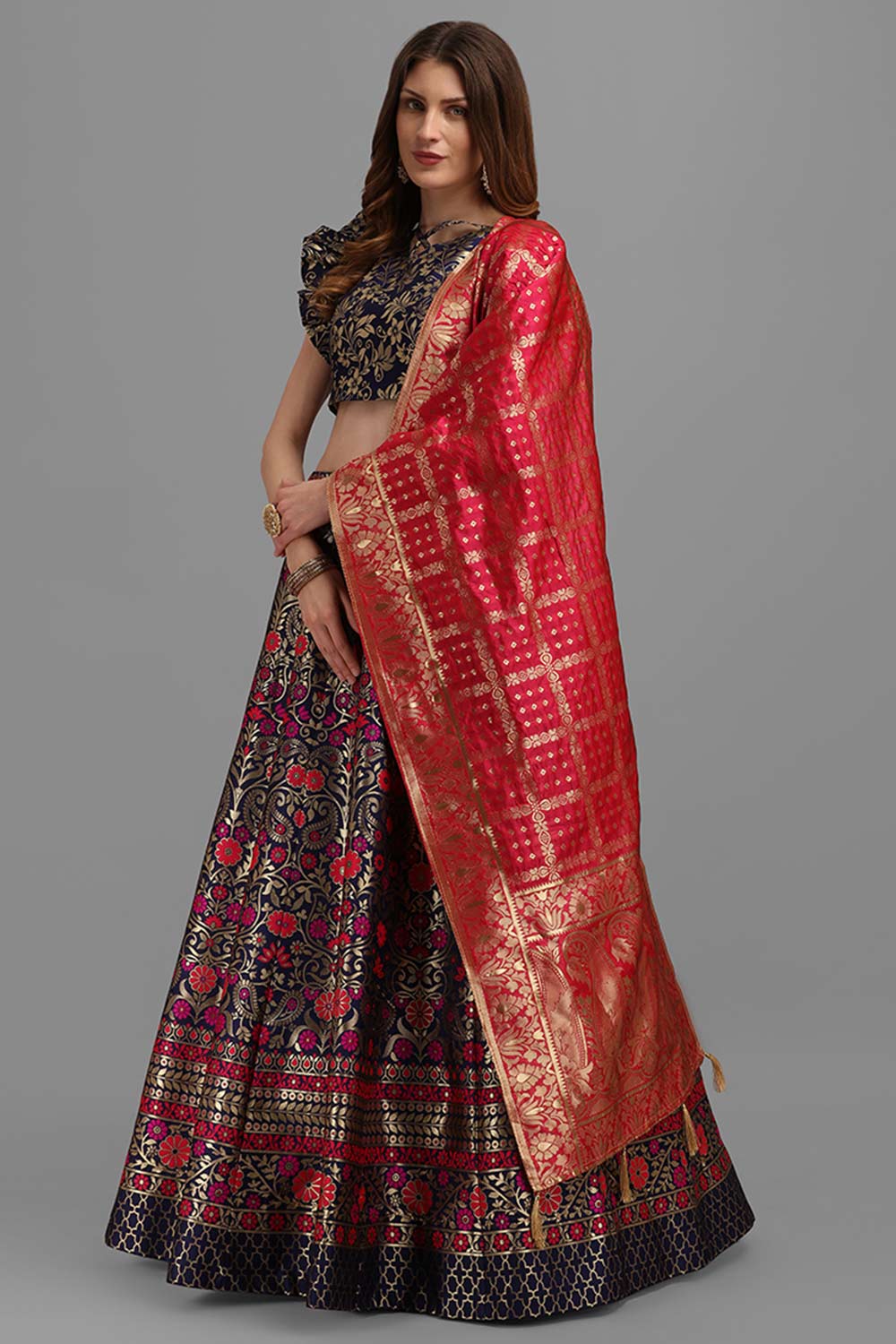 Navy Blue Jacquard Woven Lehenga Choli