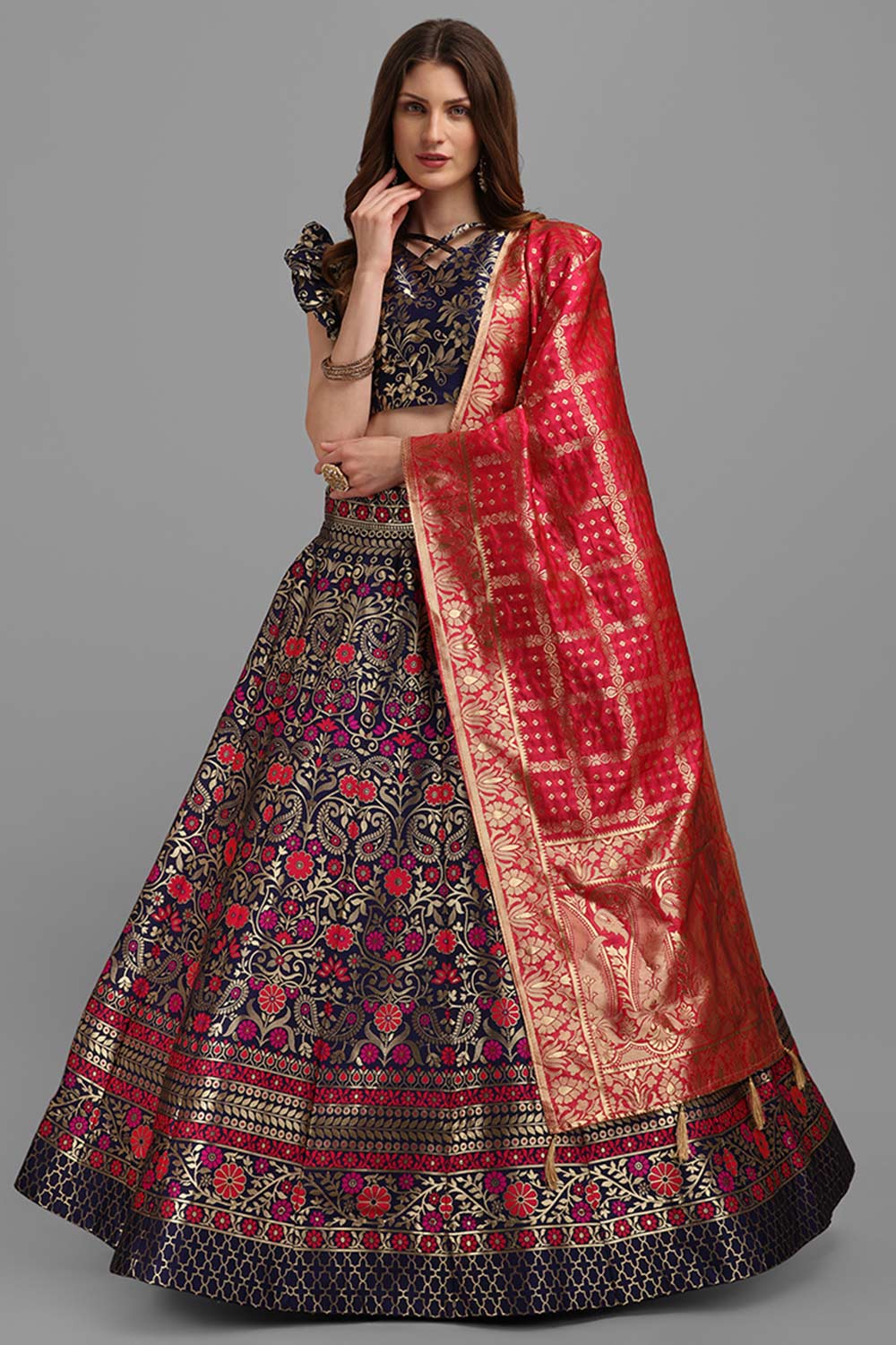 Navy Blue Jacquard Woven Lehenga Choli